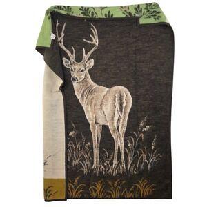 VTG Beiderlack Reversible Deer Forest Blanket 72"x56" Brown Green Gold Germany